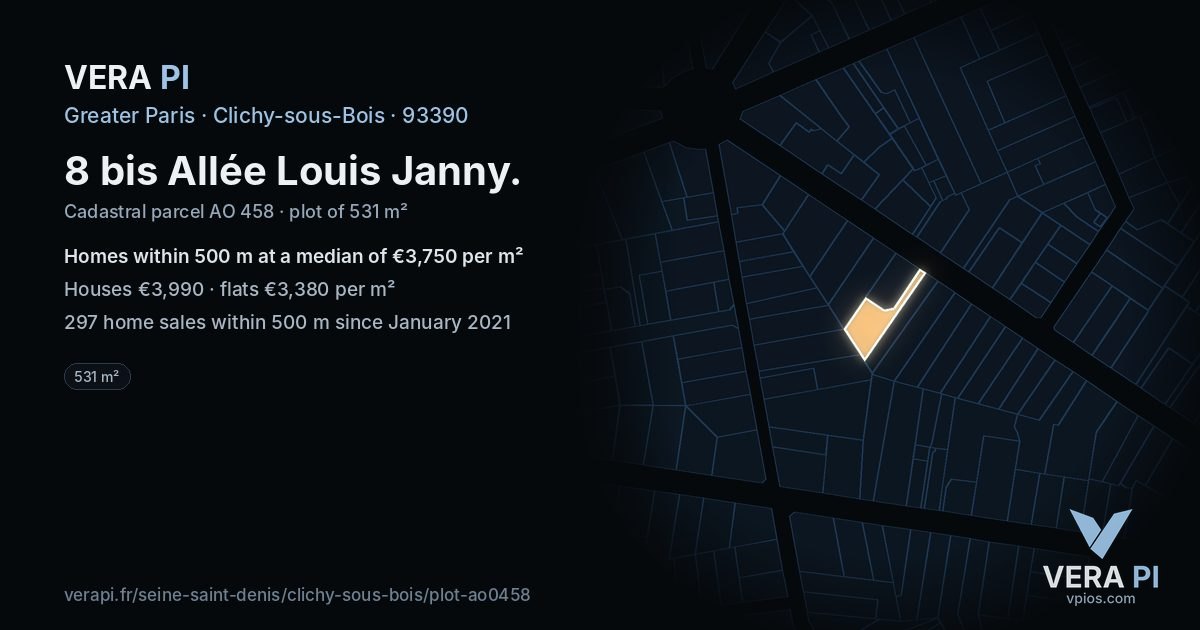 8 bis Allée Louis Janny, Clichy-sous-Bois at night – the plot lit, the parcels around coloured by the prices near them