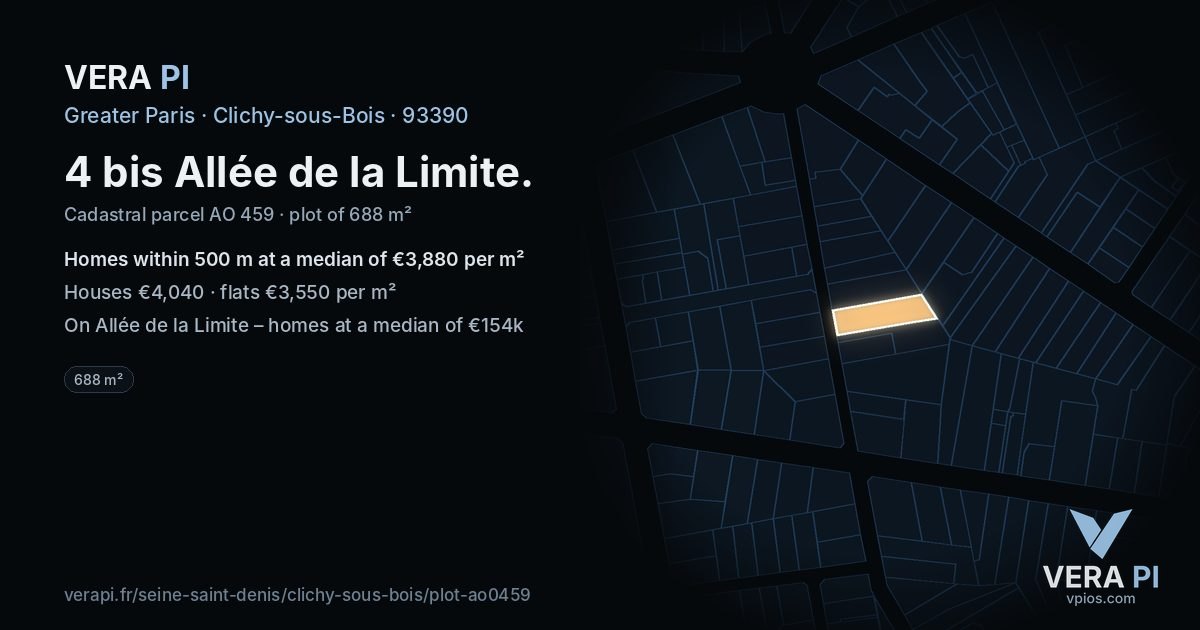 4 bis Allée de la Limite, Clichy-sous-Bois at night – the plot lit, the parcels around coloured by the prices near them