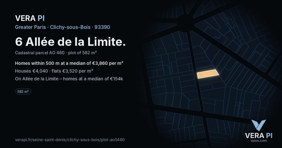6 Allée de la Limite, Clichy-sous-Bois at night – the plot lit, the parcels around coloured by the prices near them