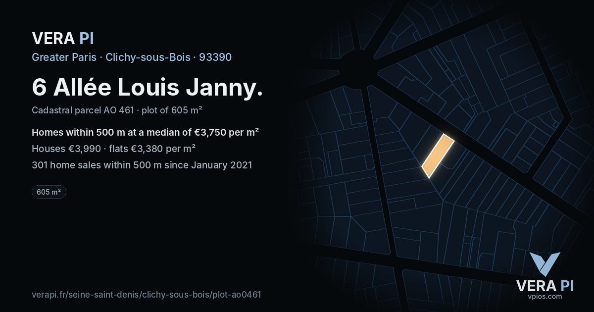6 Allée Louis Janny, Clichy-sous-Bois at night – the plot lit, the parcels around coloured by the prices near them
