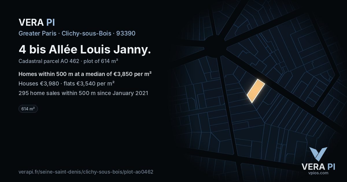 4 bis Allée Louis Janny, Clichy-sous-Bois at night – the plot lit, the parcels around coloured by the prices near them