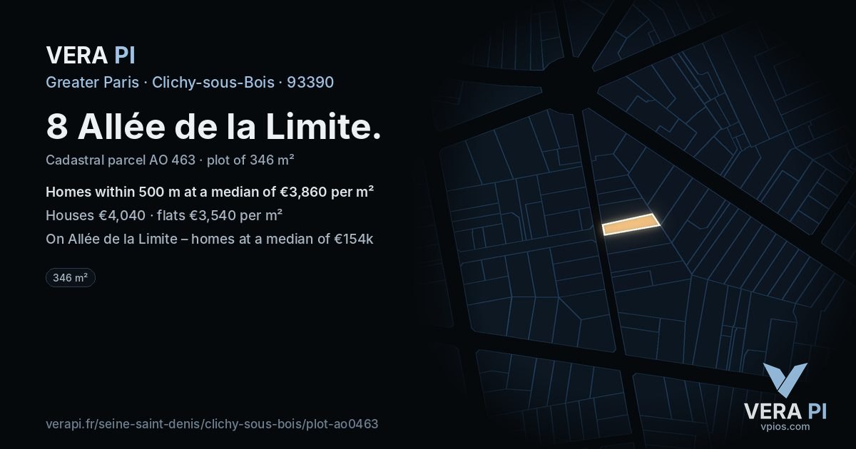 8 Allée de la Limite, Clichy-sous-Bois at night – the plot lit, the parcels around coloured by the prices near them