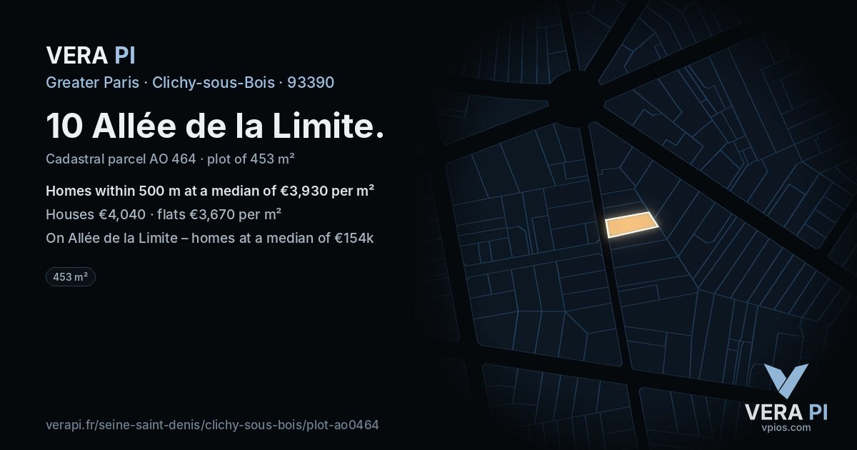 10 Allée de la Limite, Clichy-sous-Bois at night – the plot lit, the parcels around coloured by the prices near them