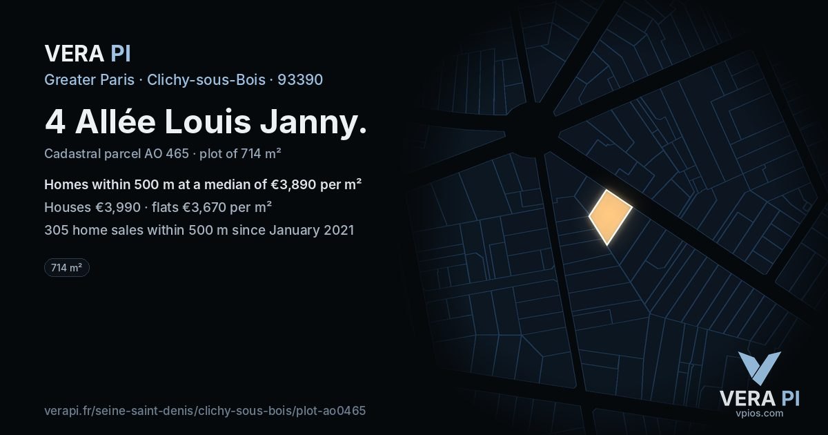 4 Allée Louis Janny, Clichy-sous-Bois at night – the plot lit, the parcels around coloured by the prices near them