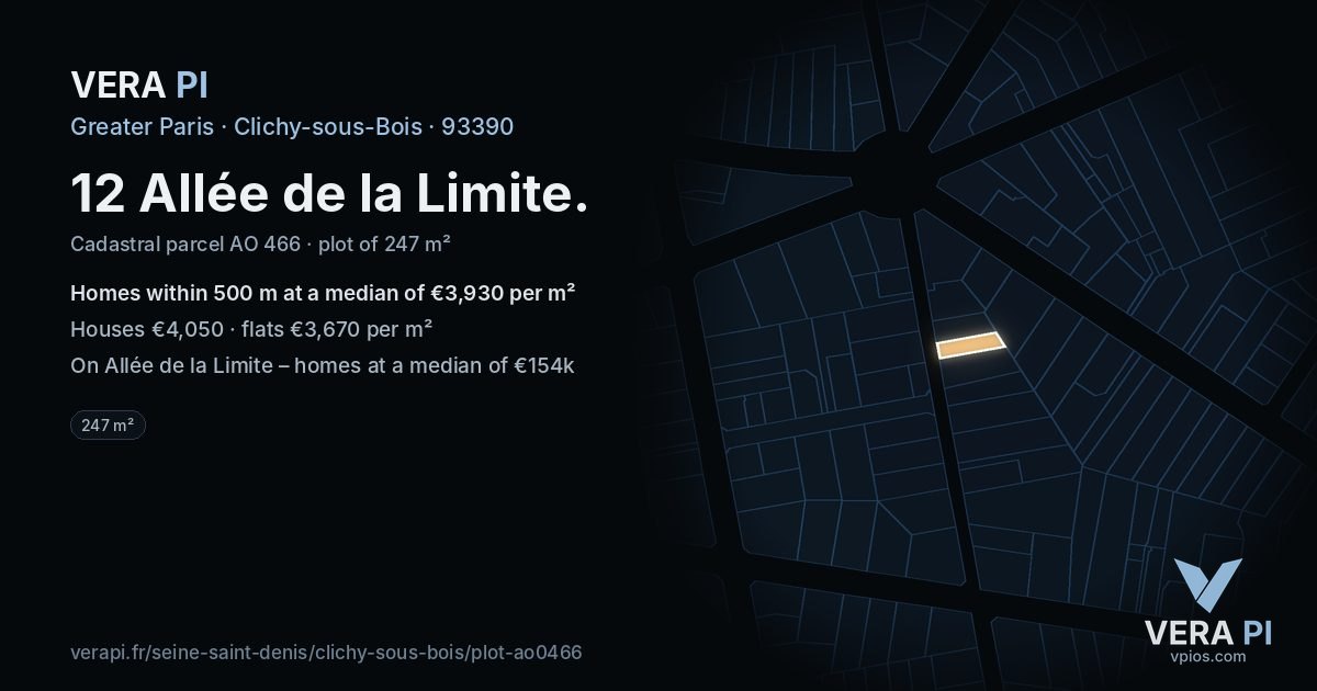 12 Allée de la Limite, Clichy-sous-Bois at night – the plot lit, the parcels around coloured by the prices near them