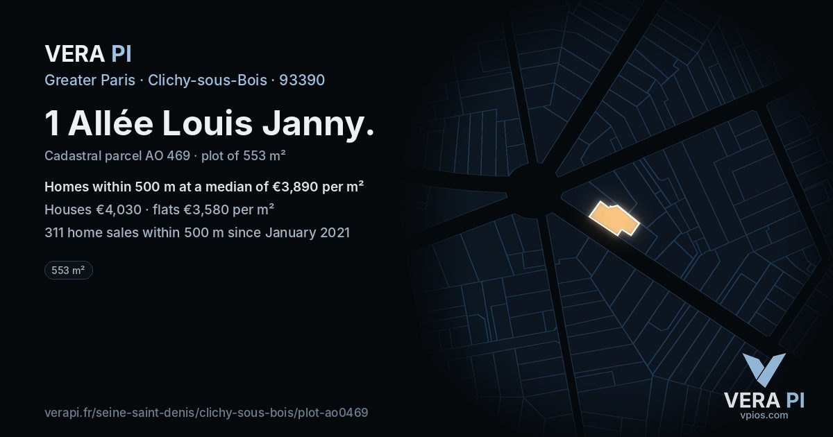 1 Allée Louis Janny, Clichy-sous-Bois at night – the plot lit, the parcels around coloured by the prices near them