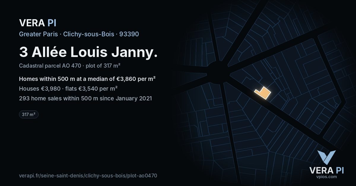 3 Allée Louis Janny, Clichy-sous-Bois at night – the plot lit, the parcels around coloured by the prices near them