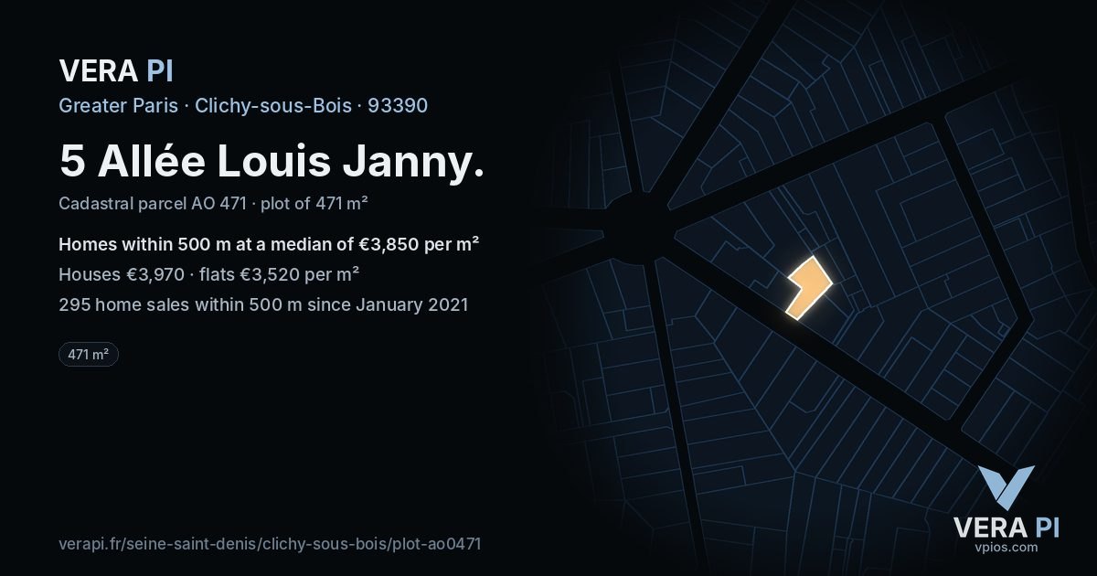 5 Allée Louis Janny, Clichy-sous-Bois at night – the plot lit, the parcels around coloured by the prices near them