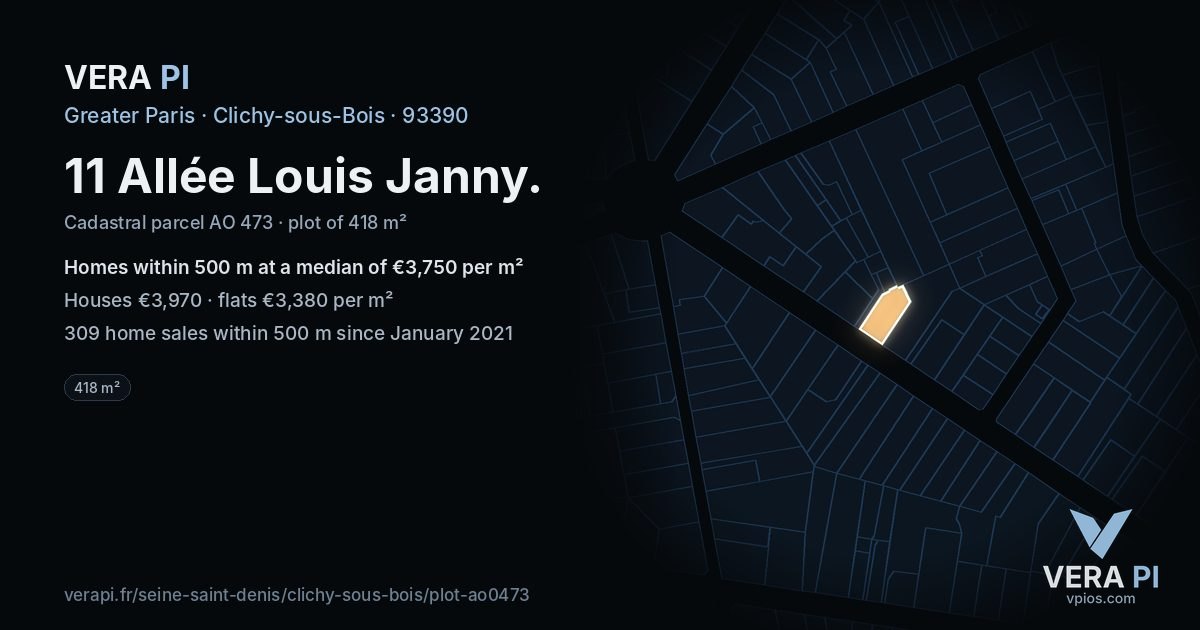 11 Allée Louis Janny, Clichy-sous-Bois at night – the plot lit, the parcels around coloured by the prices near them