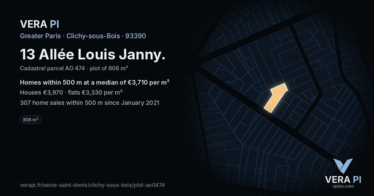 13 Allée Louis Janny, Clichy-sous-Bois at night – the plot lit, the parcels around coloured by the prices near them