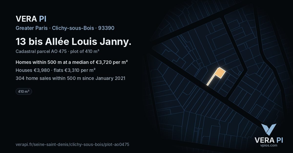 13 bis Allée Louis Janny, Clichy-sous-Bois at night – the plot lit, the parcels around coloured by the prices near them