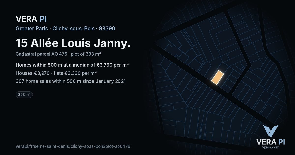 15 Allée Louis Janny, Clichy-sous-Bois at night – the plot lit, the parcels around coloured by the prices near them