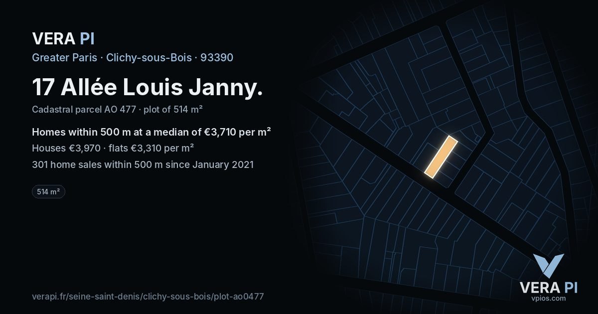 17 Allée Louis Janny, Clichy-sous-Bois at night – the plot lit, the parcels around coloured by the prices near them