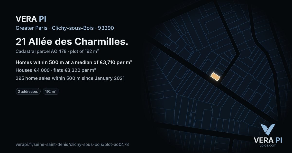 21 Allée des Charmilles, Clichy-sous-Bois at night – the plot lit, the parcels around coloured by the prices near them