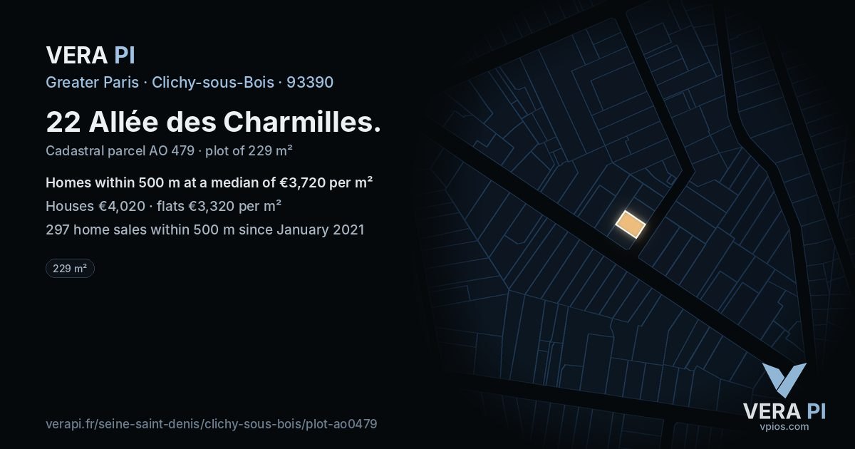 22 Allée des Charmilles, Clichy-sous-Bois at night – the plot lit, the parcels around coloured by the prices near them