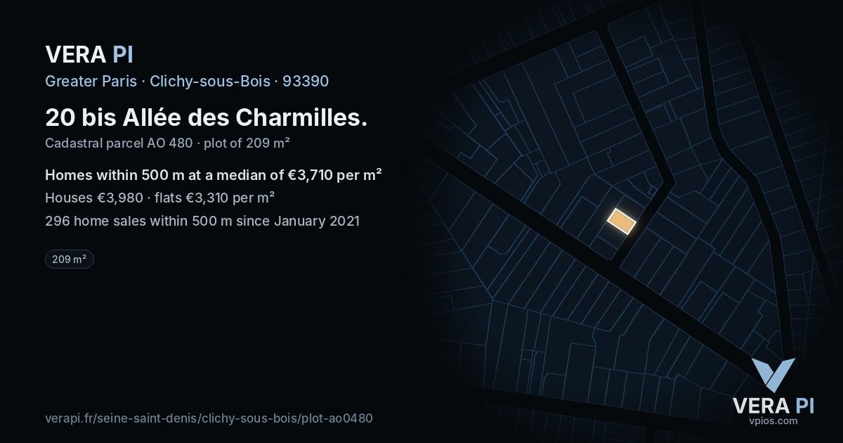 20 bis Allée des Charmilles, Clichy-sous-Bois at night – the plot lit, the parcels around coloured by the prices near them