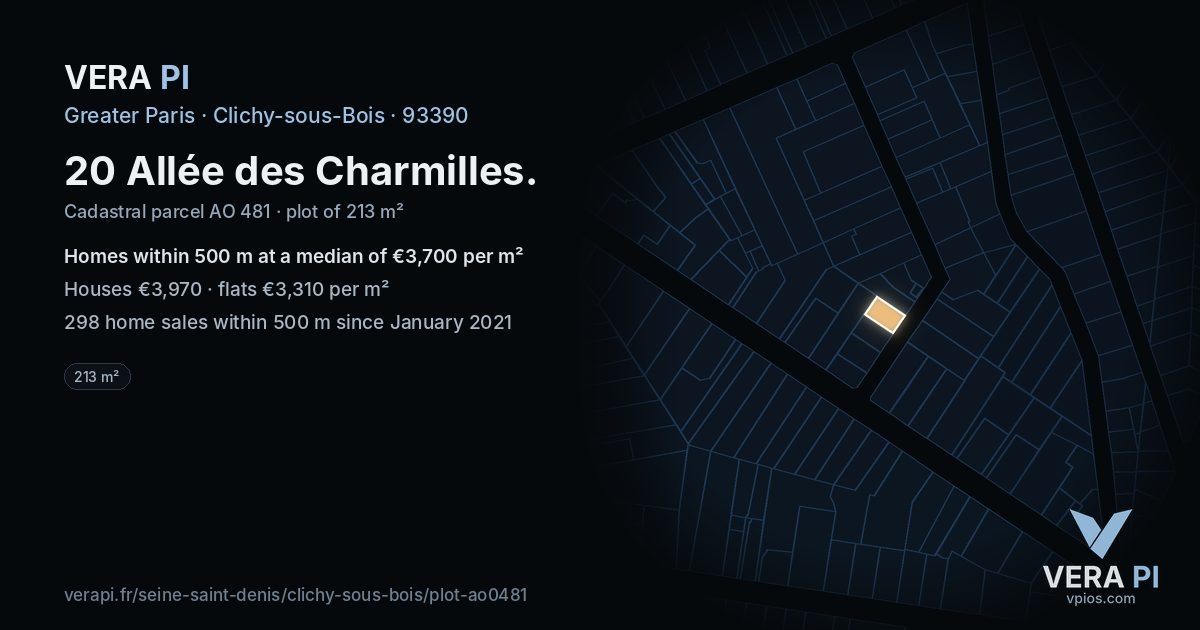 20 Allée des Charmilles, Clichy-sous-Bois at night – the plot lit, the parcels around coloured by the prices near them