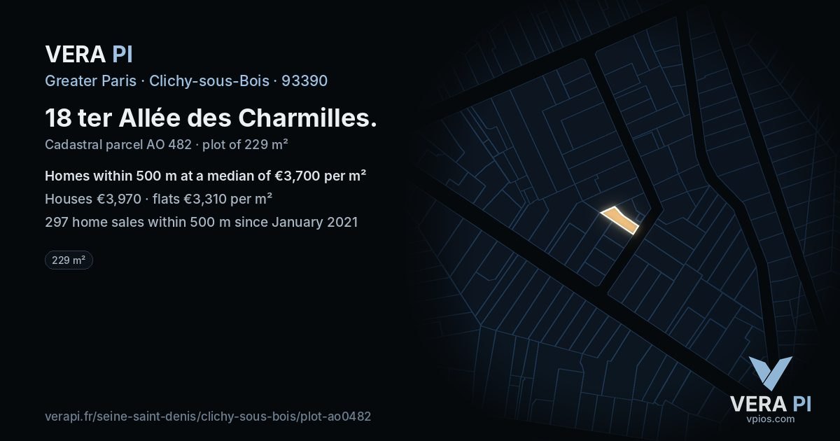 18 ter Allée des Charmilles, Clichy-sous-Bois at night – the plot lit, the parcels around coloured by the prices near them