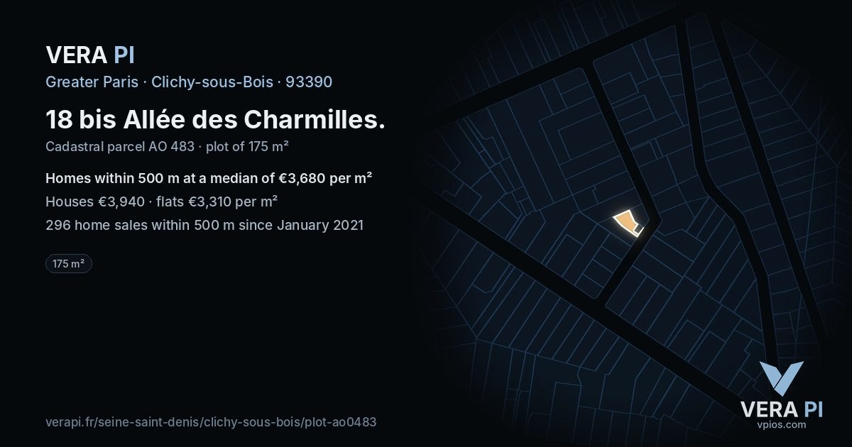 18 bis Allée des Charmilles, Clichy-sous-Bois at night – the plot lit, the parcels around coloured by the prices near them