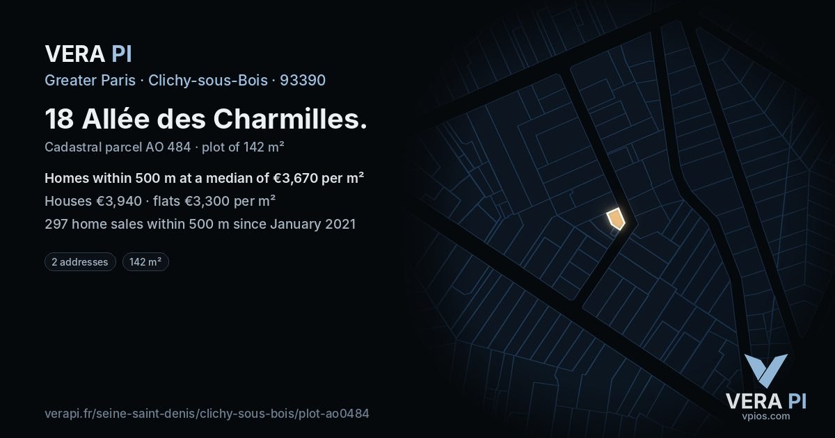 18 Allée des Charmilles, Clichy-sous-Bois at night – the plot lit, the parcels around coloured by the prices near them