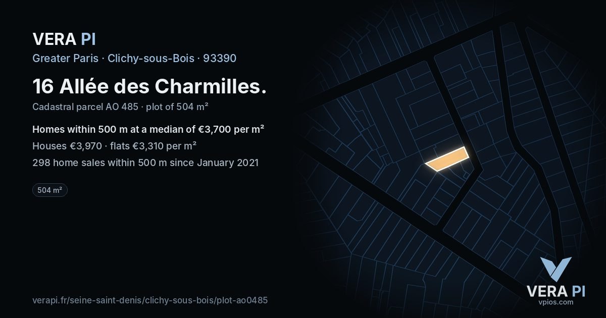 16 Allée des Charmilles, Clichy-sous-Bois at night – the plot lit, the parcels around coloured by the prices near them
