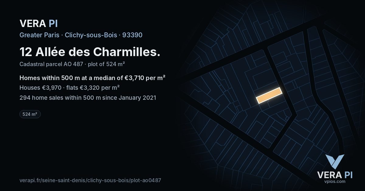 12 Allée des Charmilles, Clichy-sous-Bois at night – the plot lit, the parcels around coloured by the prices near them