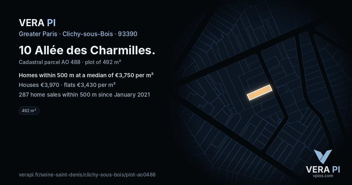 10 Allée des Charmilles, Clichy-sous-Bois at night – the plot lit, the parcels around coloured by the prices near them