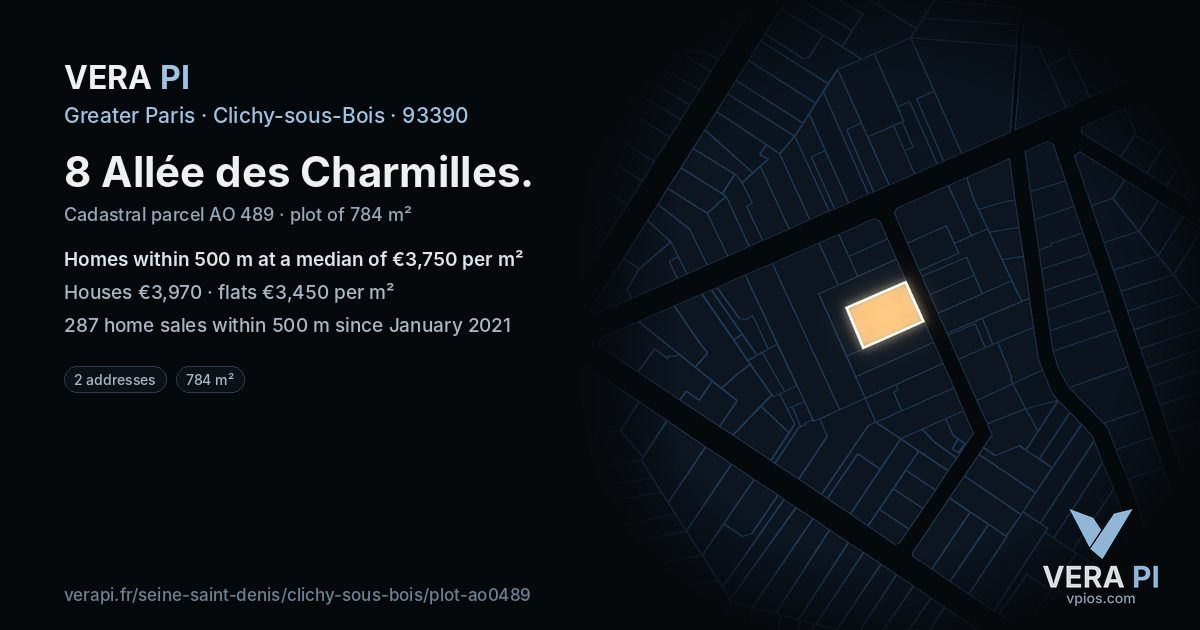 8 Allée des Charmilles, Clichy-sous-Bois at night – the plot lit, the parcels around coloured by the prices near them
