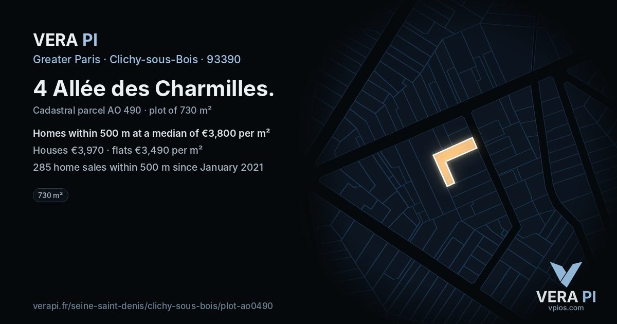 4 Allée des Charmilles, Clichy-sous-Bois at night – the plot lit, the parcels around coloured by the prices near them