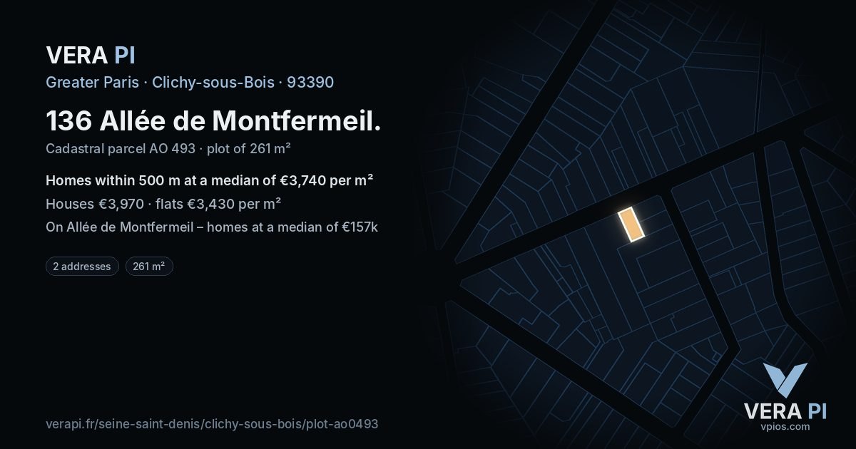 136 Allée de Montfermeil, Clichy-sous-Bois at night – the plot lit, the parcels around coloured by the prices near them