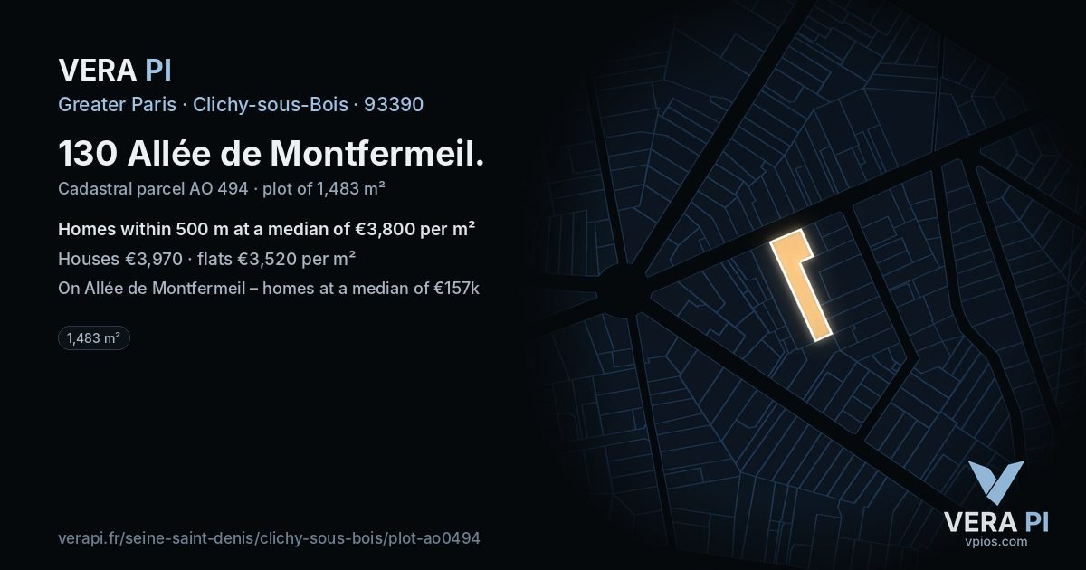 130 Allée de Montfermeil, Clichy-sous-Bois at night – the plot lit, the parcels around coloured by the prices near them