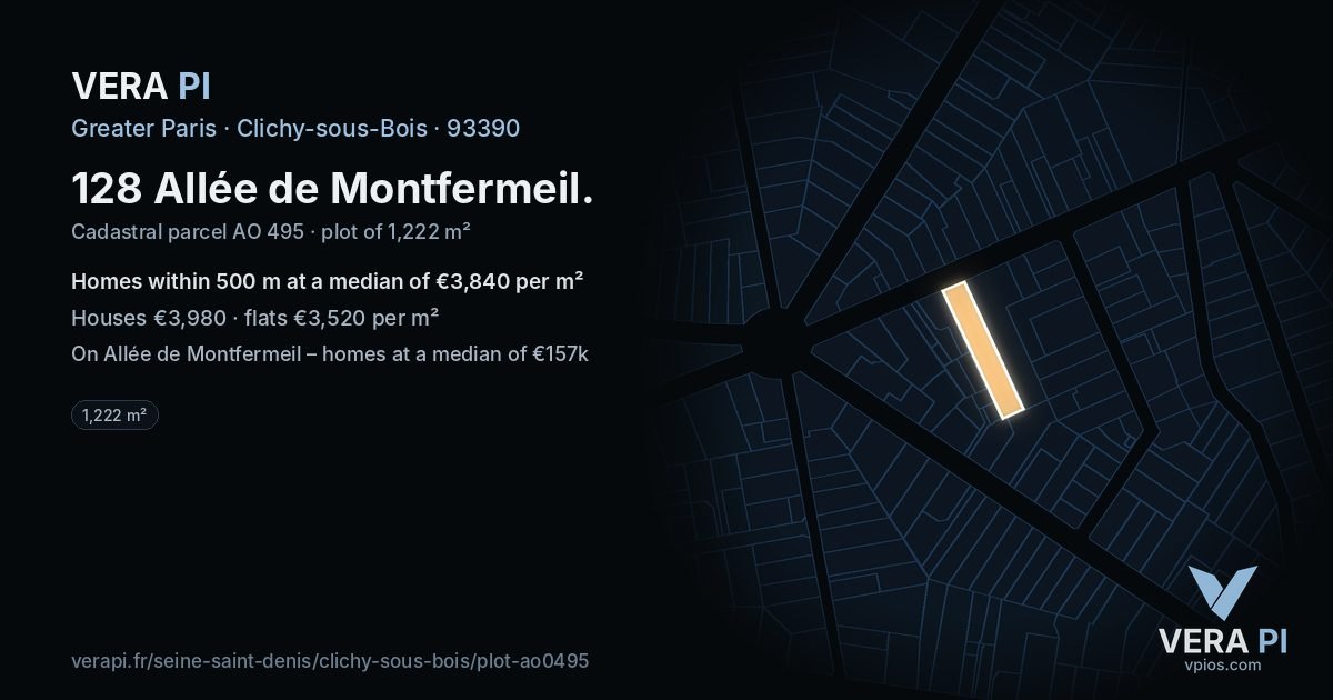 128 Allée de Montfermeil, Clichy-sous-Bois at night – the plot lit, the parcels around coloured by the prices near them