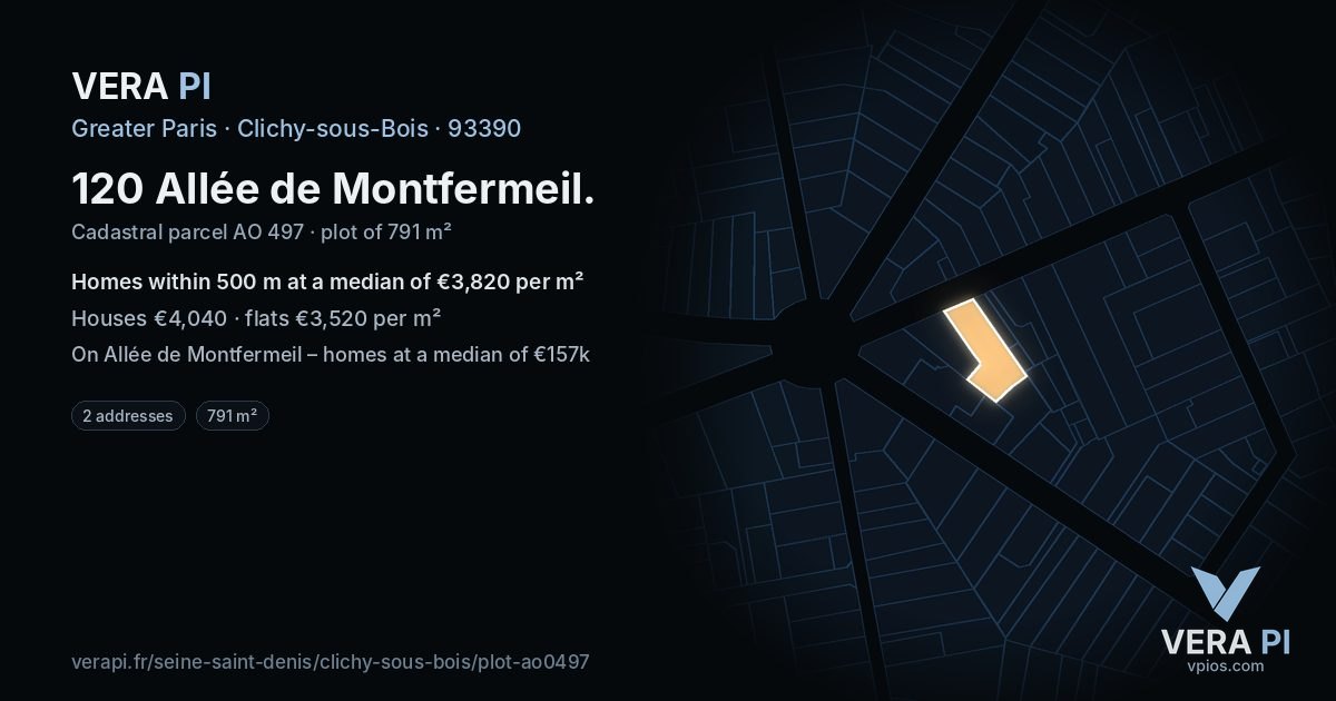 120 Allée de Montfermeil, Clichy-sous-Bois at night – the plot lit, the parcels around coloured by the prices near them