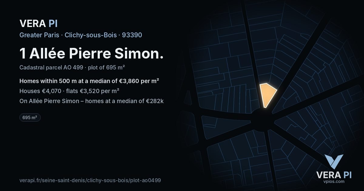 1 Allée Pierre Simon, Clichy-sous-Bois at night – the plot lit, the parcels around coloured by the prices near them