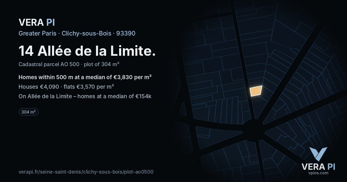 14 Allée de la Limite, Clichy-sous-Bois at night – the plot lit, the parcels around coloured by the prices near them