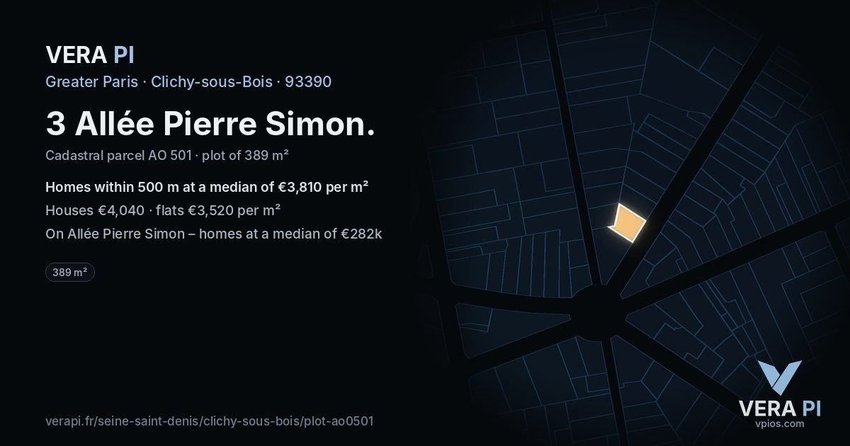 3 Allée Pierre Simon, Clichy-sous-Bois at night – the plot lit, the parcels around coloured by the prices near them