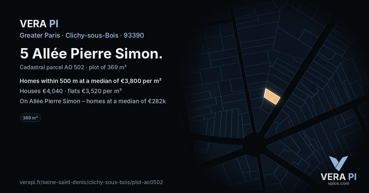 5 Allée Pierre Simon, Clichy-sous-Bois at night – the plot lit, the parcels around coloured by the prices near them