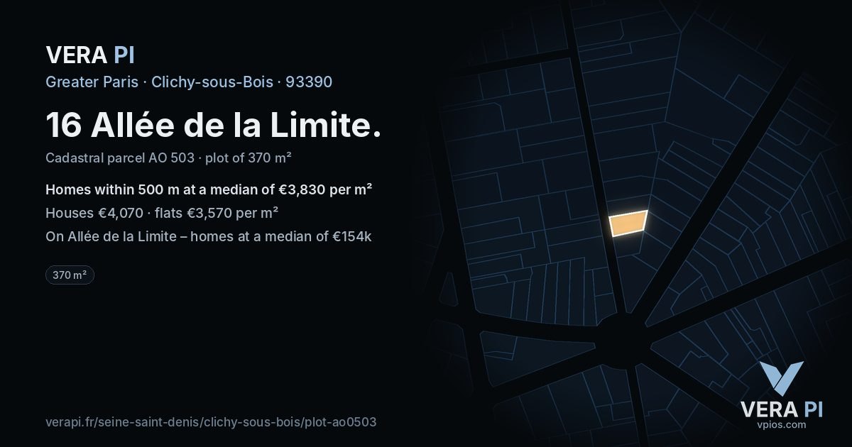 16 Allée de la Limite, Clichy-sous-Bois at night – the plot lit, the parcels around coloured by the prices near them