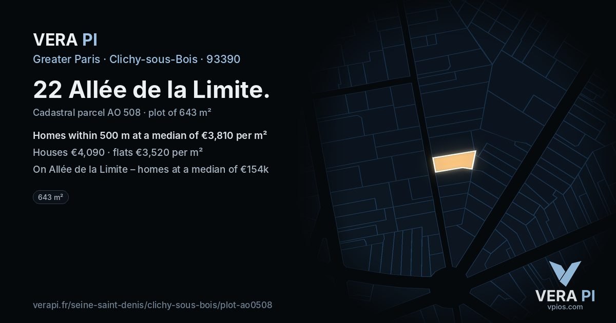 22 Allée de la Limite, Clichy-sous-Bois at night – the plot lit, the parcels around coloured by the prices near them