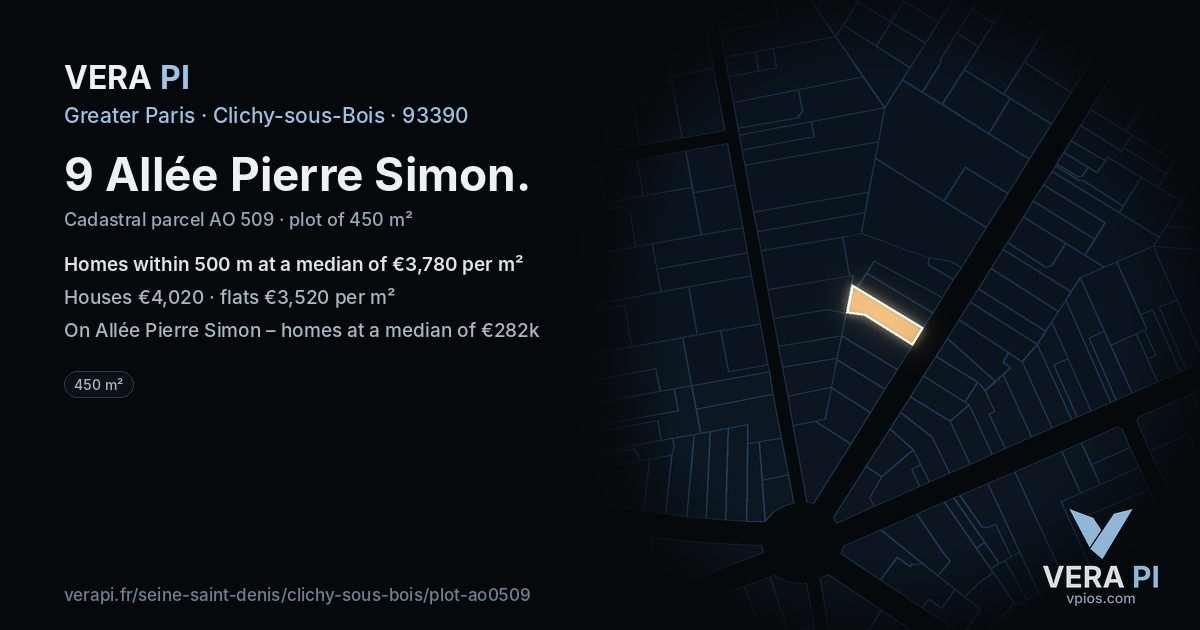9 Allée Pierre Simon, Clichy-sous-Bois at night – the plot lit, the parcels around coloured by the prices near them