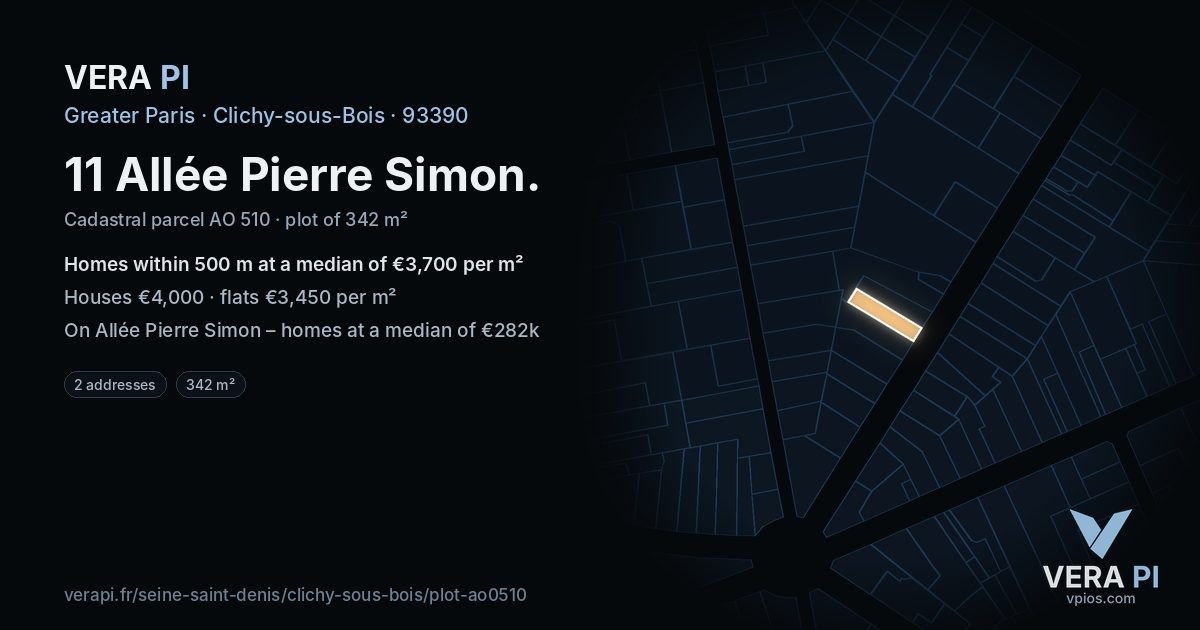11 Allée Pierre Simon, Clichy-sous-Bois at night – the plot lit, the parcels around coloured by the prices near them