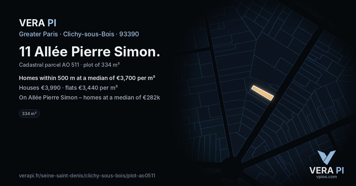 11 Allée Pierre Simon, Clichy-sous-Bois at night – the plot lit, the parcels around coloured by the prices near them