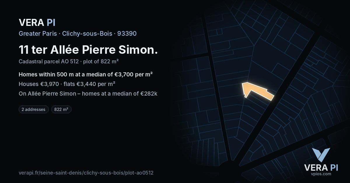 11 ter Allée Pierre Simon, Clichy-sous-Bois at night – the plot lit, the parcels around coloured by the prices near them
