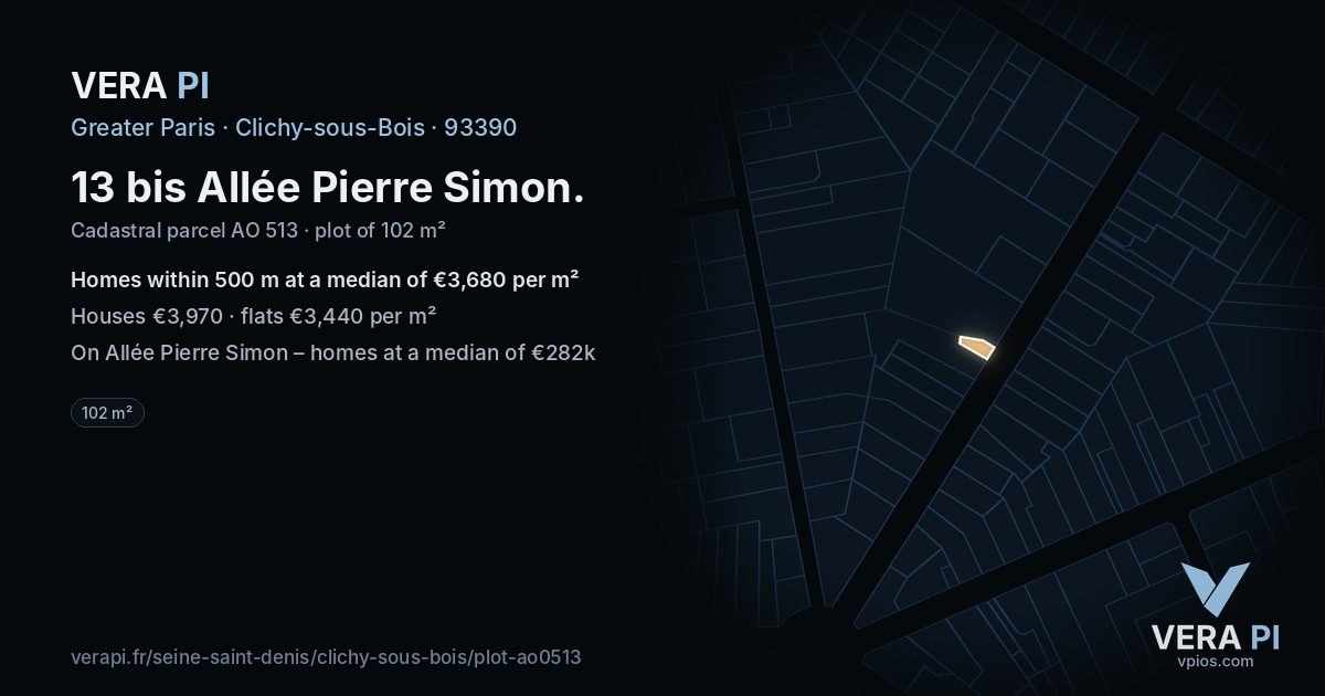 13 bis Allée Pierre Simon, Clichy-sous-Bois at night – the plot lit, the parcels around coloured by the prices near them