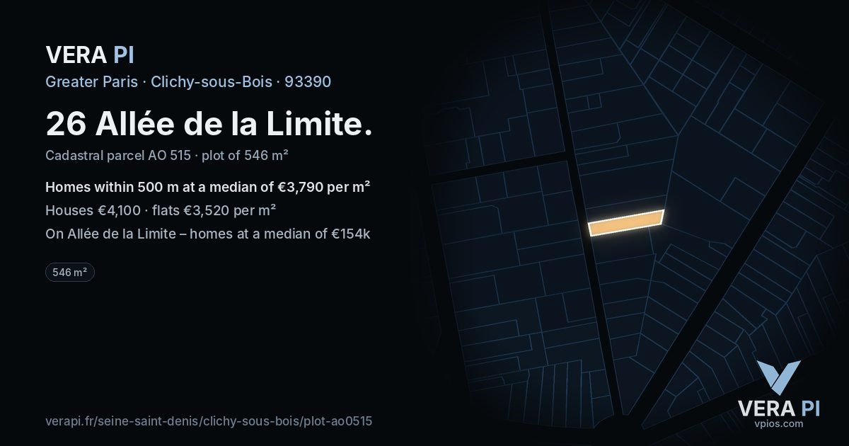 26 Allée de la Limite, Clichy-sous-Bois at night – the plot lit, the parcels around coloured by the prices near them