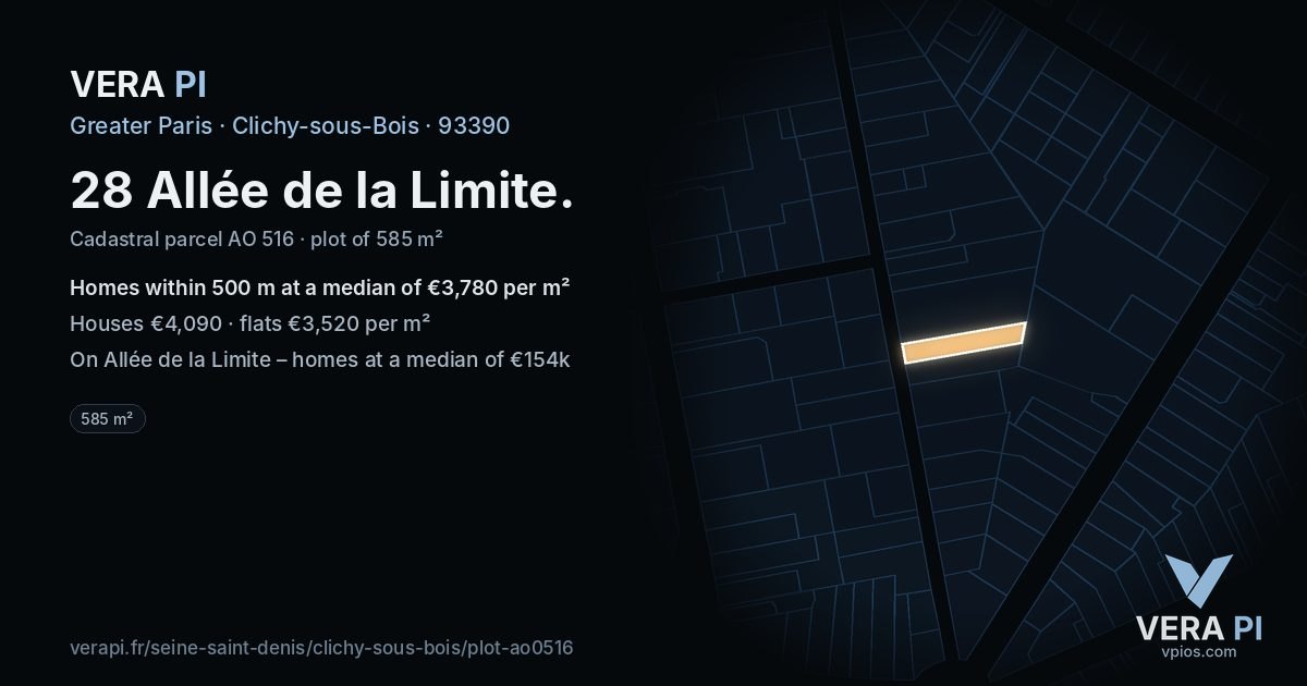 28 Allée de la Limite, Clichy-sous-Bois at night – the plot lit, the parcels around coloured by the prices near them