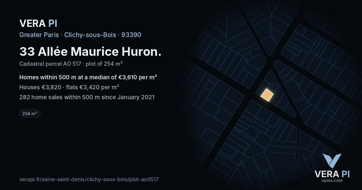 33 Allée Maurice Huron, Clichy-sous-Bois at night – the plot lit, the parcels around coloured by the prices near them