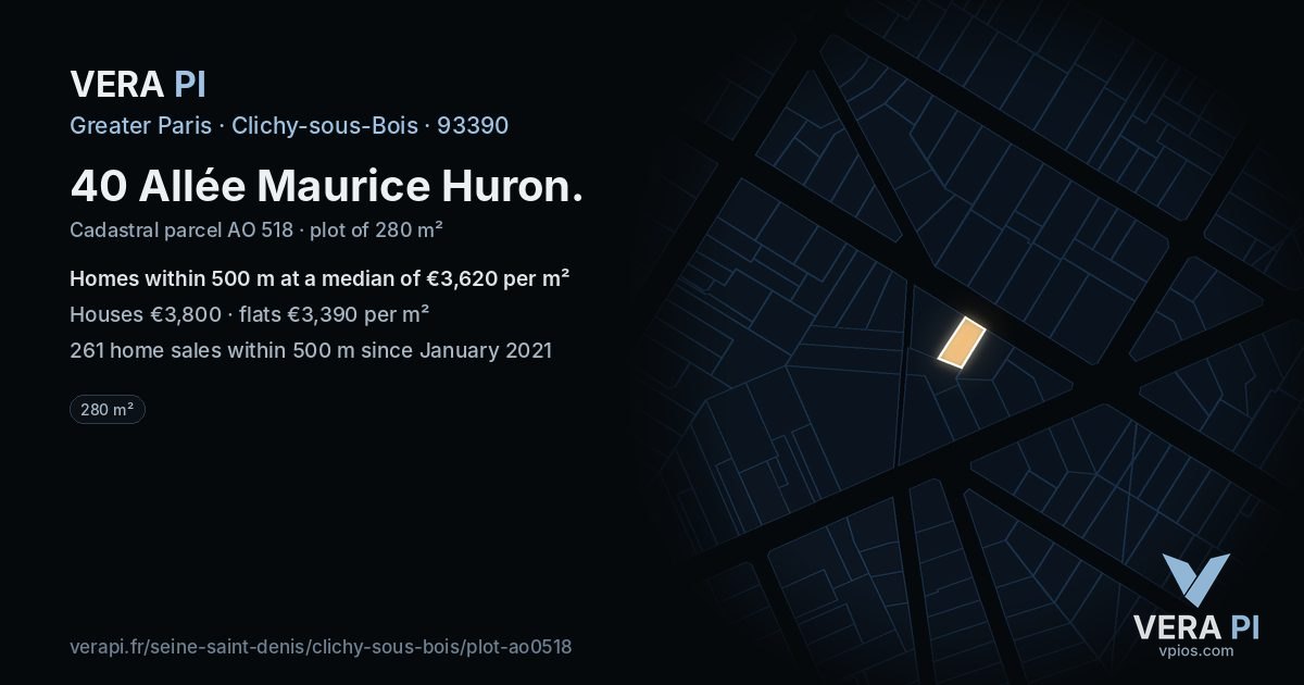 40 Allée Maurice Huron, Clichy-sous-Bois at night – the plot lit, the parcels around coloured by the prices near them