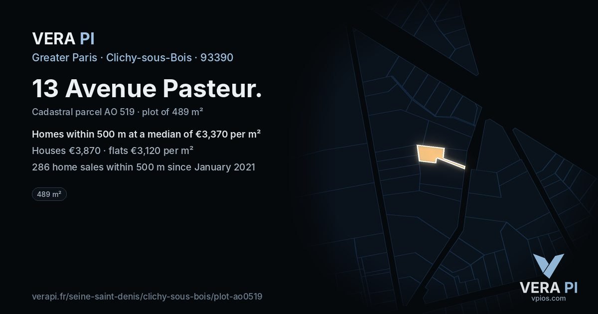 13 Avenue Pasteur, Clichy-sous-Bois at night – the plot lit, the parcels around coloured by the prices near them