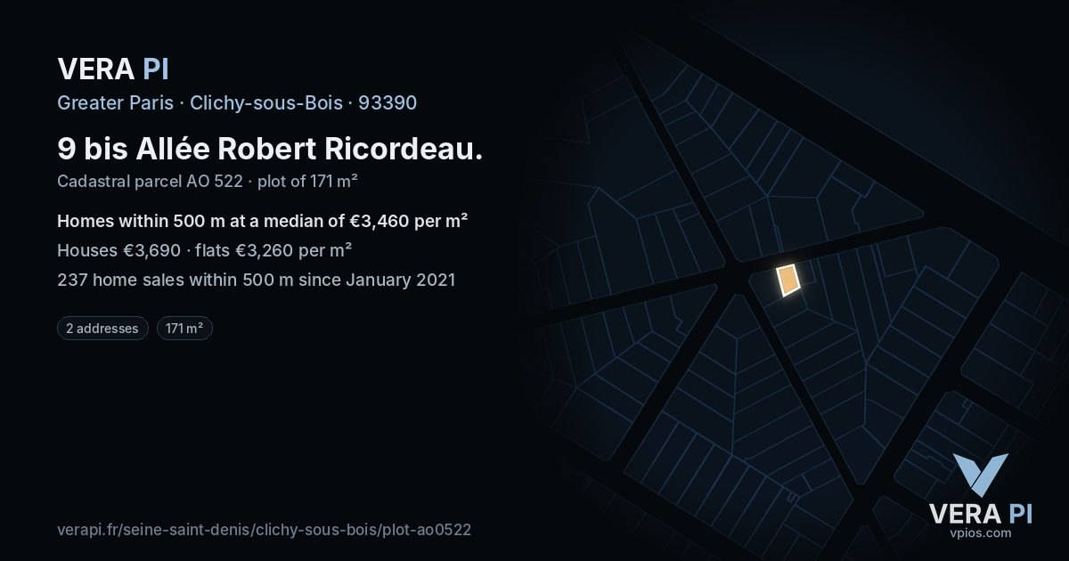 9 bis Allée Robert Ricordeau, Clichy-sous-Bois at night – the plot lit, the parcels around coloured by the prices near them